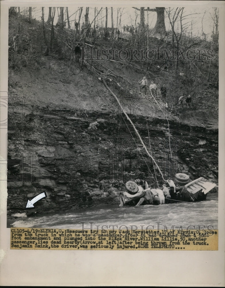 1951 Press Photo Truck Plunges Down Embankment One Dead & One Trapped in Truck