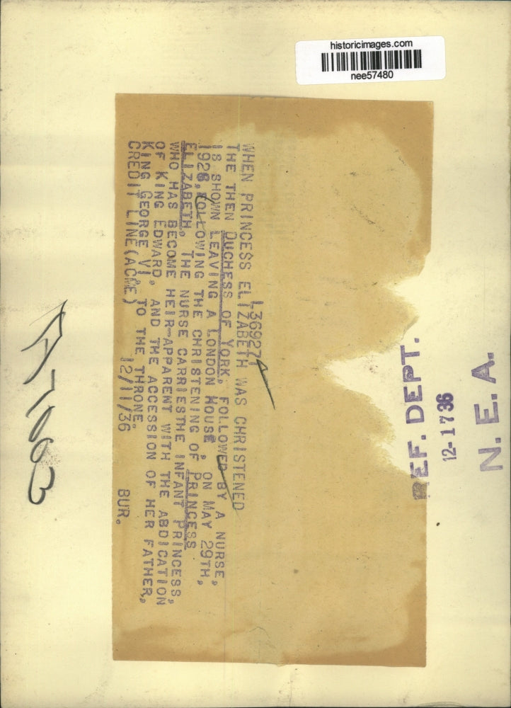 1936 Press Photo Duchess of York Leaving Princess Elizabeth's Christening