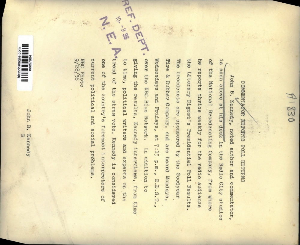 1936 Press Photo John B. Kennedy Author and Commentator - nee57904