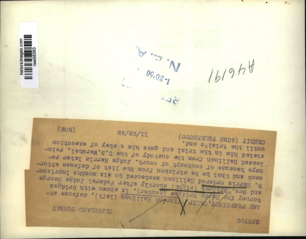 1950 Press Photo L-R Defense Lawyer Vincent Hallinan,Harry Bridges & Mrs.Bridges