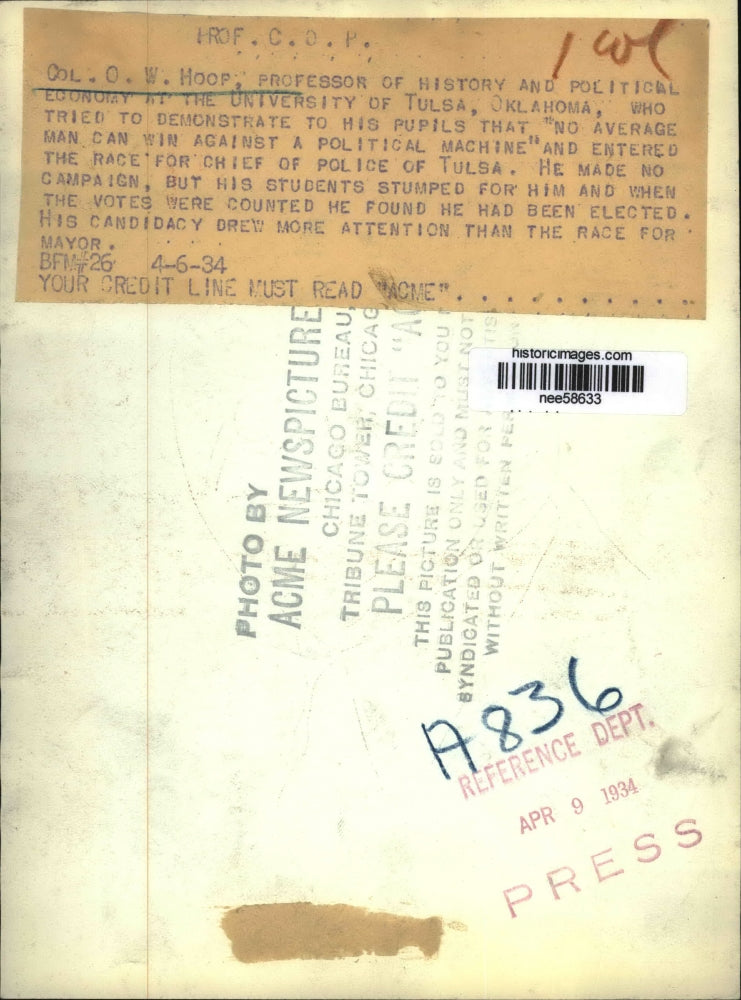 1934 Press Photo Col OW Hoop, Professor at University of Tulsa - nee58633