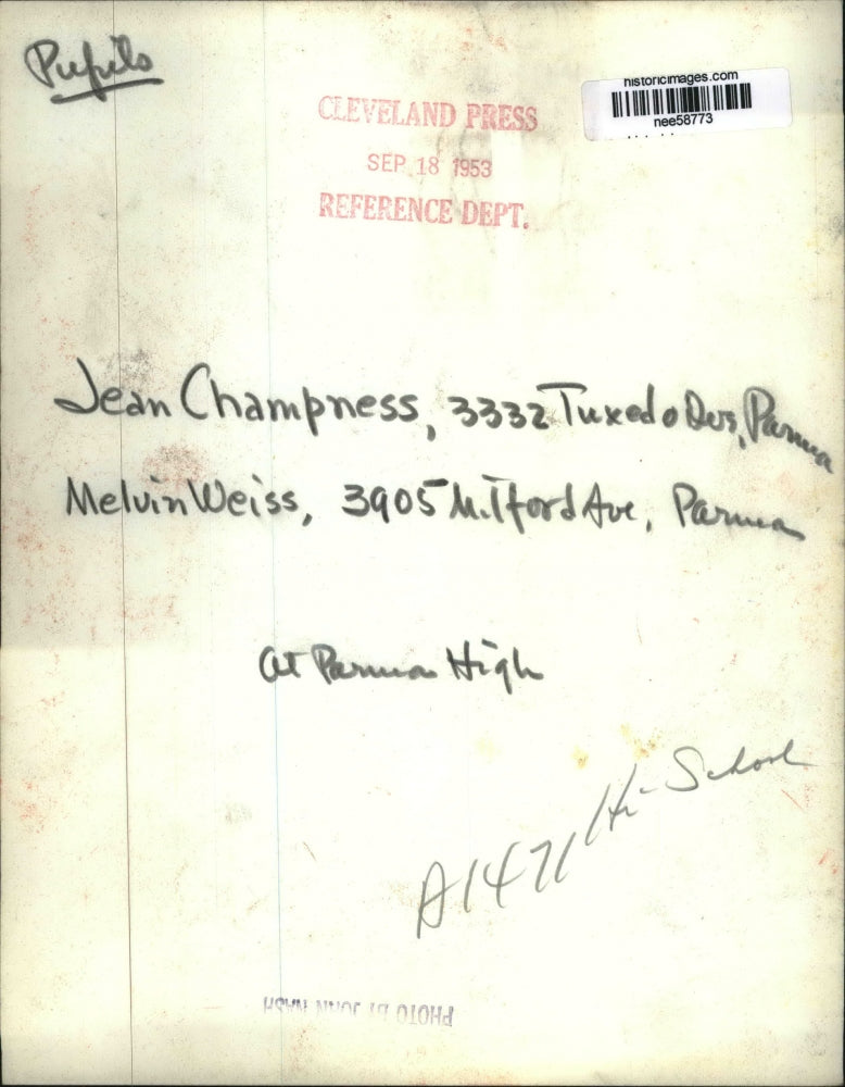 1953 Press Photo Jean Champness and Melvin Weiss of Parma High School.