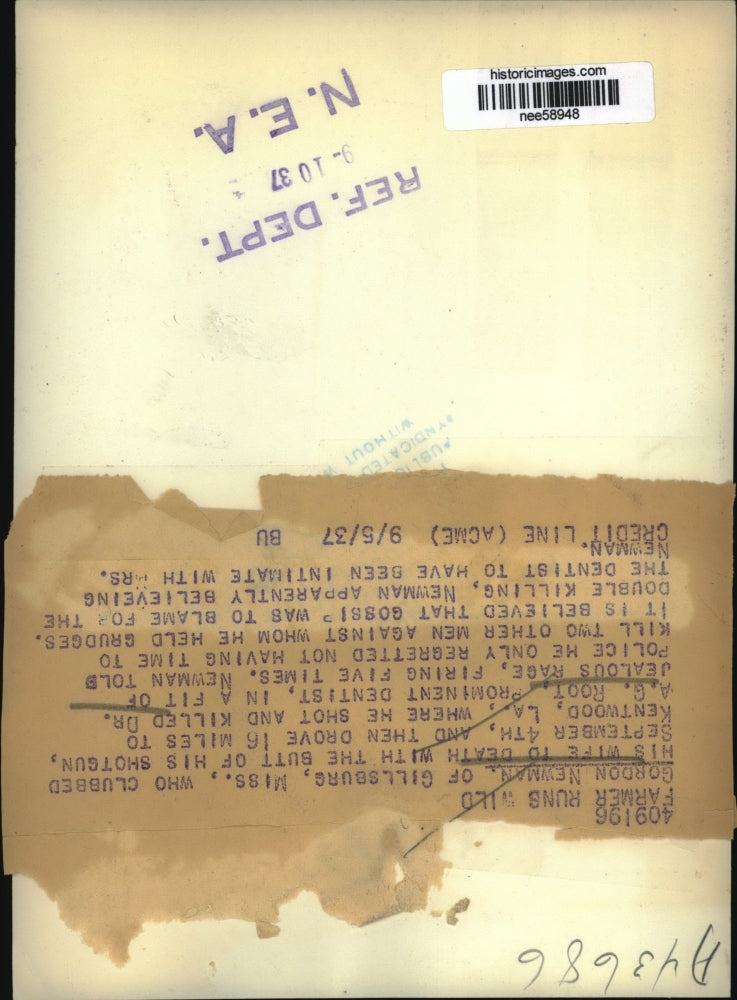 1937 Press Photo Gordon Newman Clubbed wife to death with butt of his shotgun.