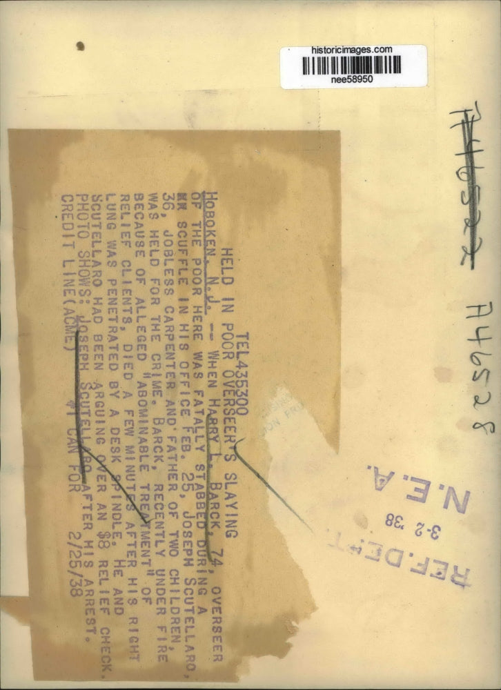 1938 Press Photo Joseph Scutellard held in Poor Overseer Slaying of Harry Barck