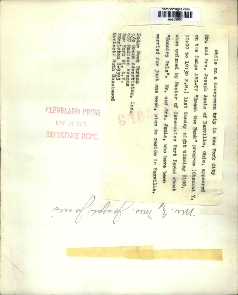 1955 Press Photo Mr and Mrs Joseph Janis on the ABC-TV program Break the Bank.