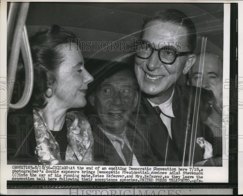 Load image into Gallery viewer, 1956 Press Photo Chicago Adlai Stevenson, with Estes Kefauver and Mrs Kefauver.
