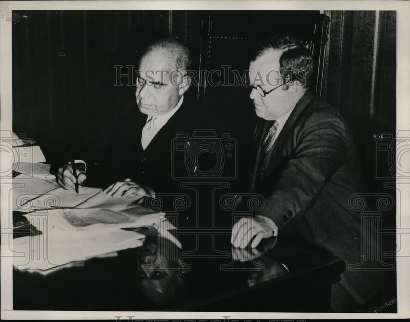 Load image into Gallery viewer, 1934 Press Photo Joseph D McGoldrick Of New York With Lehman Signing A Bill.
