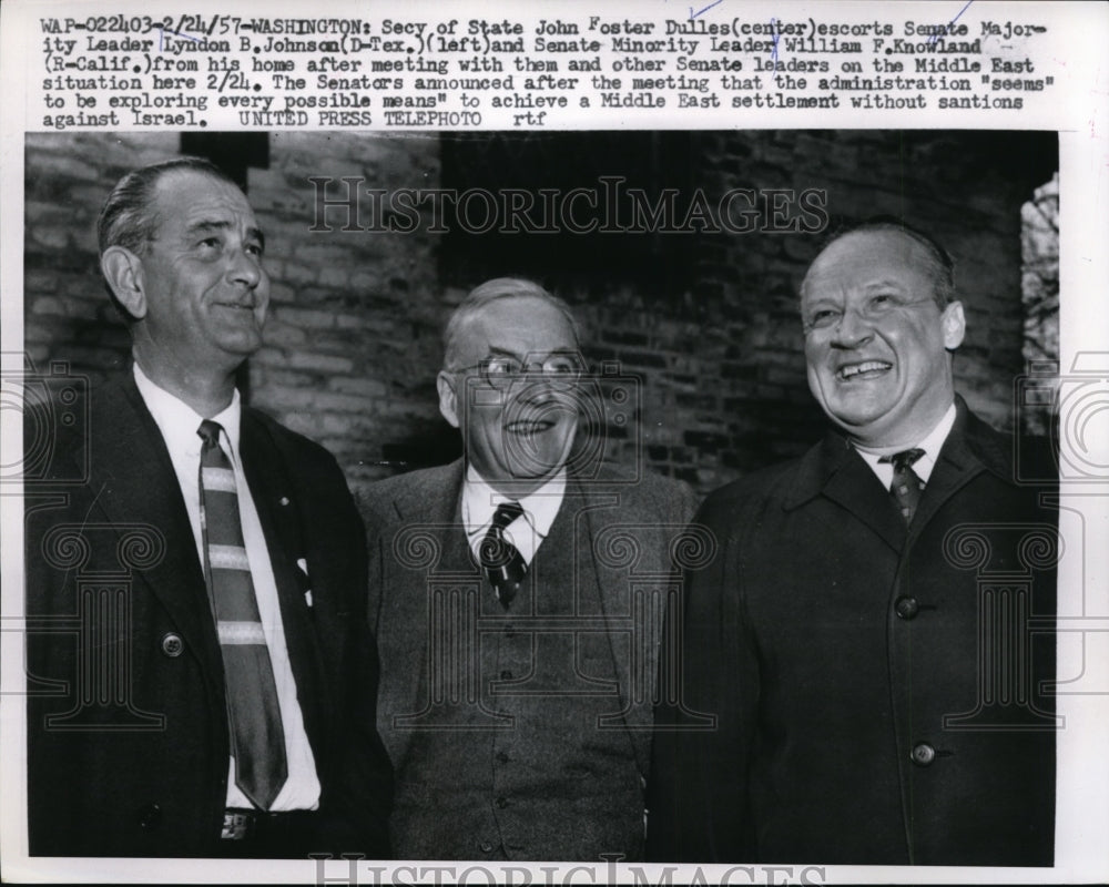 1957 Press Photo Sec of State John Foster Dulles, Sen Lyndon B Johnson, and Sen
