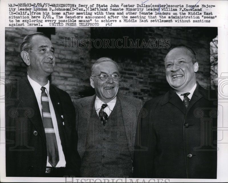 Load image into Gallery viewer, 1957 Press Photo Sec of State John Foster Dulles, Sen Lyndon B Johnson, and Sen
