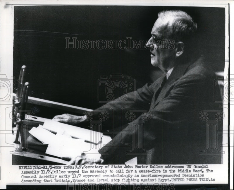 Load image into Gallery viewer, 1956 Press Photo Sec of State John Foster Dulles addressing the UN - nee59169
