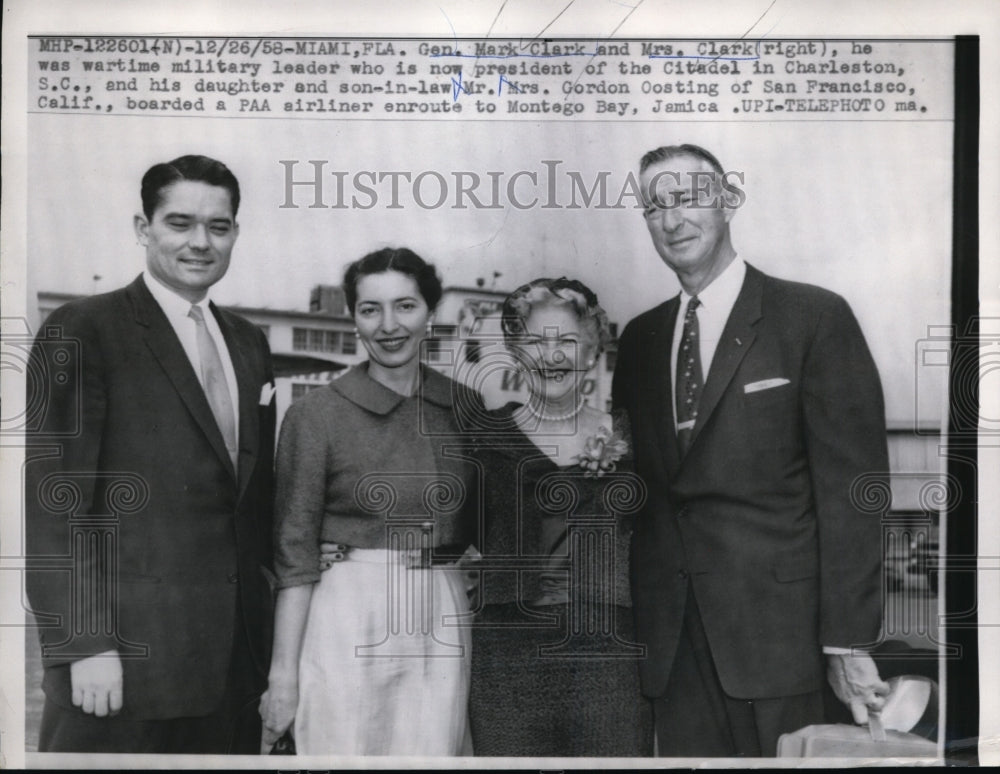 1958 Press Photo Gen. Mark Clark, Mrs. Clark. Mrs. Gordon Oosting enroute to