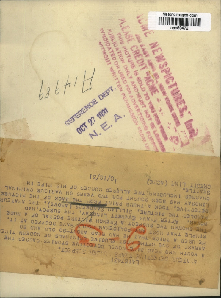 Load image into Gallery viewer, 1931 Press Photo Amateur detective William Sandberg tricked Everett Lindsay.
