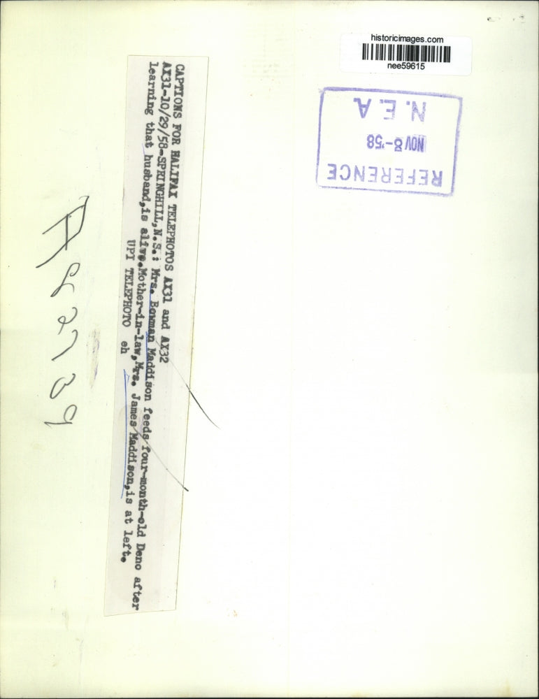 1958 Press Photo Mrs Bowman Maddison Feeding Deno Her Infant Son - nee59615