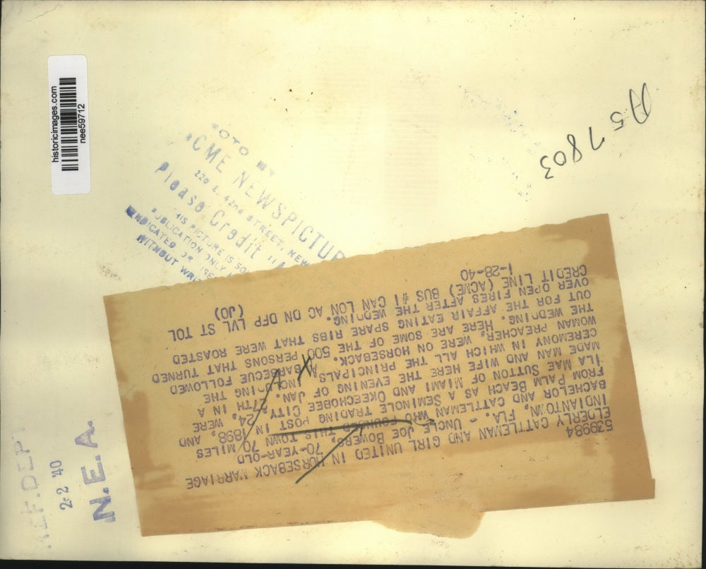 1940 Press Photo Uncle Joe Bowers & Ila Mae Sutton Unite In Horseback Marriage