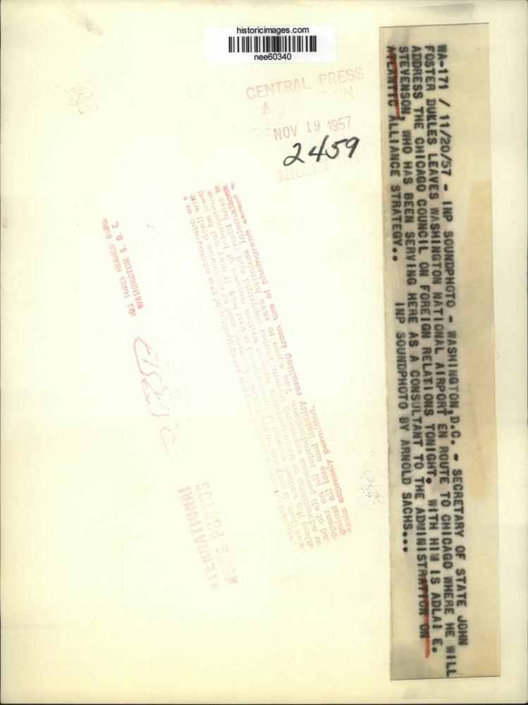 1957 Press Photo Washington -John Foster Dulles and Adlai Stevenson at airport.