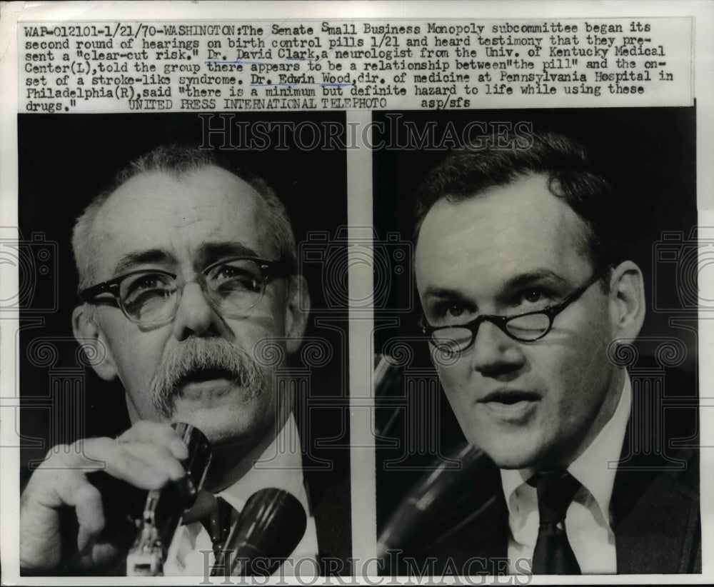 1970 Press Photo Dr. David Clark and Dr. Edwin Wood testify at Senate Hearing.