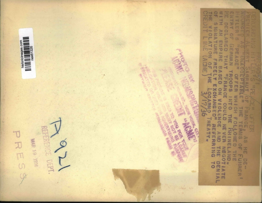 1936 Press Photo Premier Albert Sarraut denouncing Hitlers peace offer