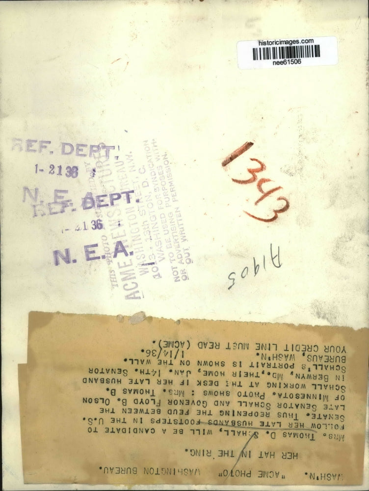 1936 Press Photo Mrs. Thomas D. Schall U.S. Senate Candidate - nee61506