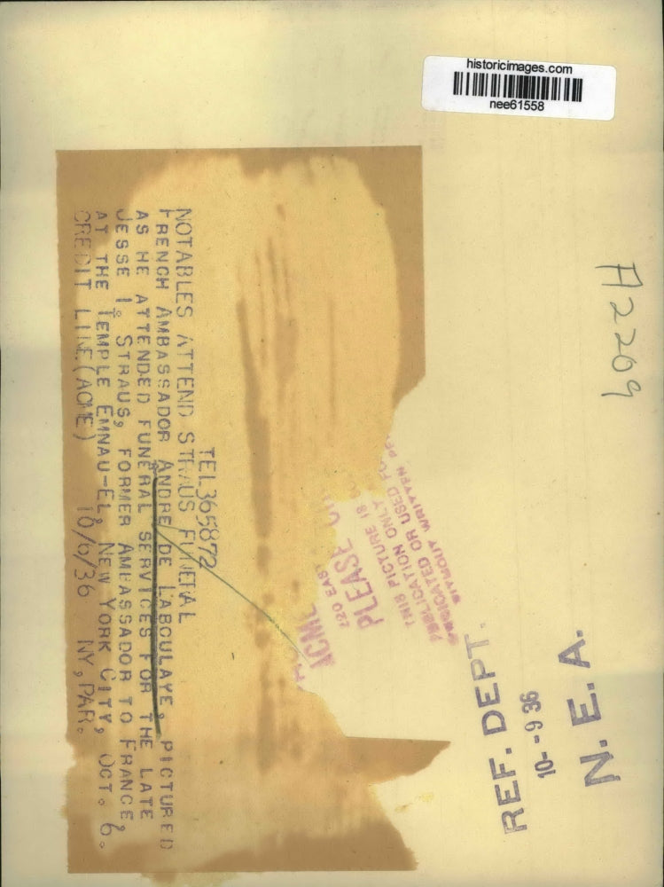 1936 Press Photo French Ambassador Andre De Laboulaye Funeral Services for Jessi