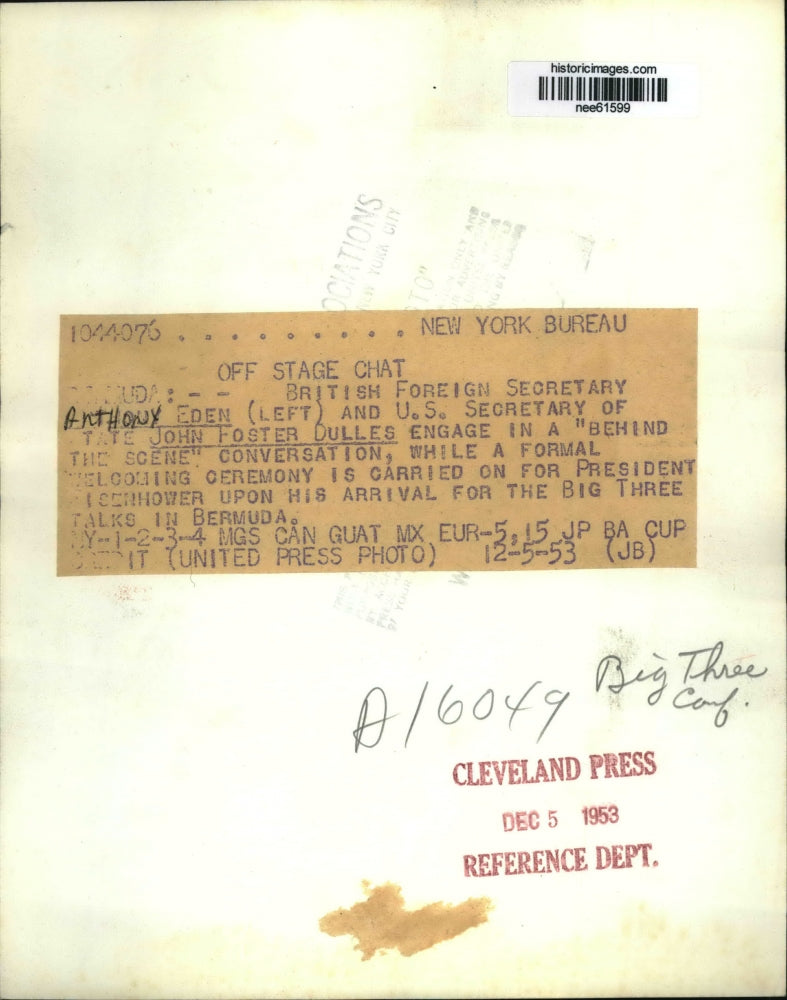 1953 Press Photo British Foreign Secy Anthony Eden and John Foster Dulles