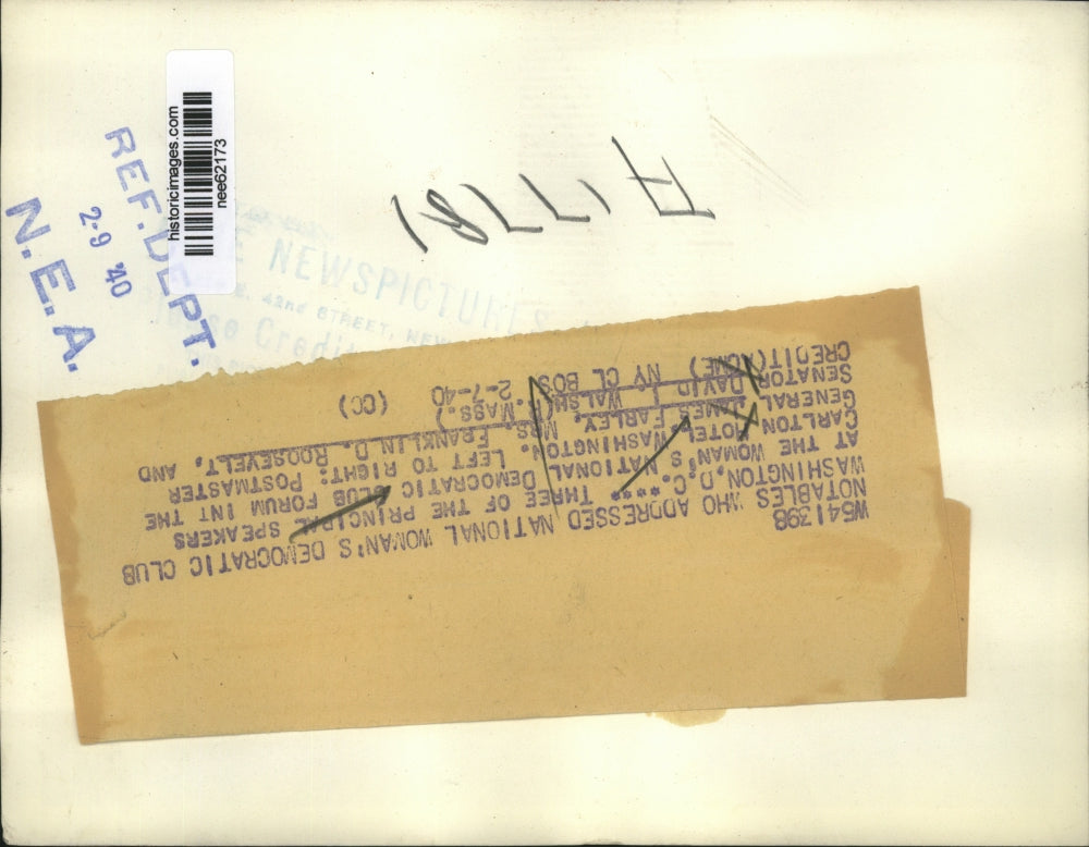 1940 Press Photo Mrs Franklin D Roosevelt & Senator Daid Walsh, Postmaster Gen