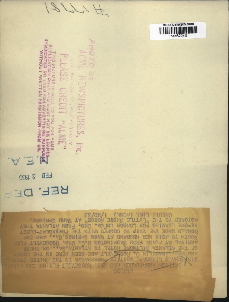 1933 Press Photo Mrs Franklin D Roosevelt & British Ambassador Lindsay