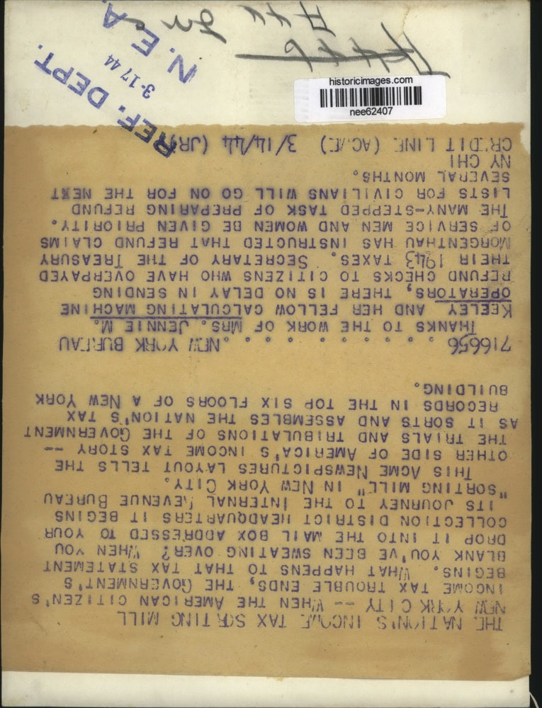 1944 Press Photo New York City,= Jennie M Keeley Dealing With Tax Papers.