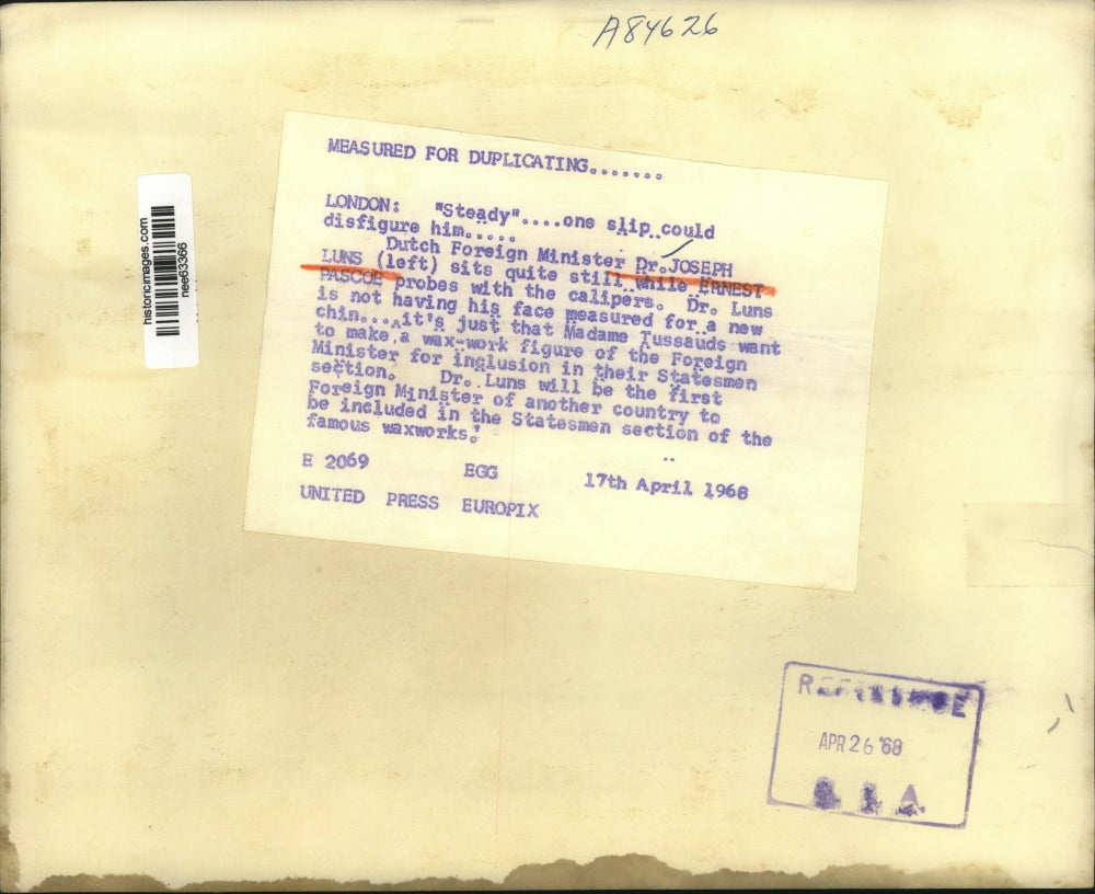 1968 Press Photo Dutch Foreign Minister Dr. Joseph Luns Measured for Wax Statue