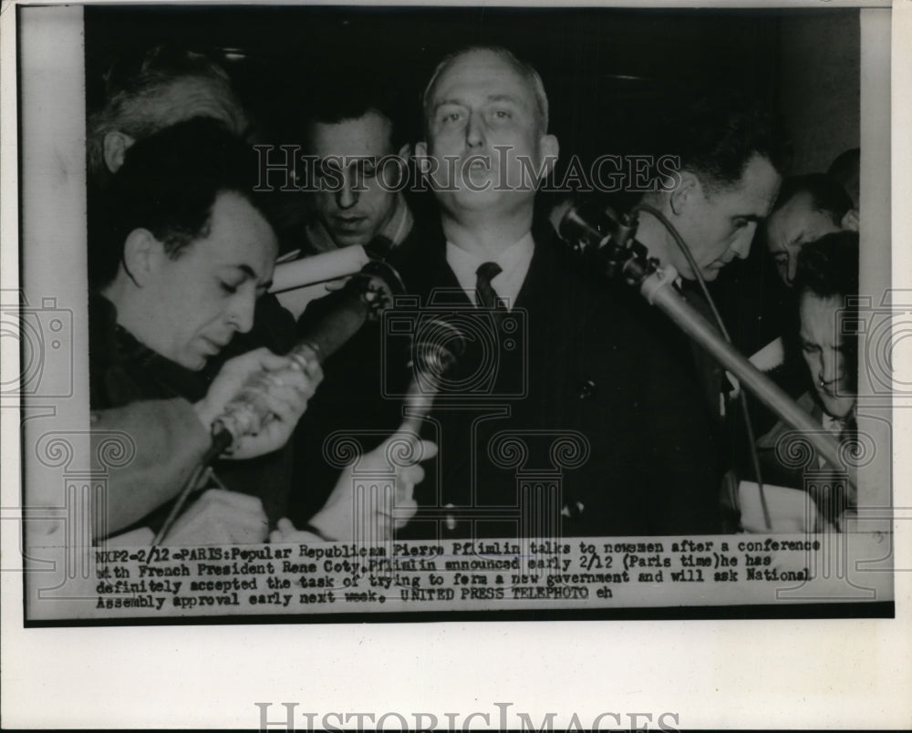 1955 Press Photo Pierre Pflimlin Talks To Newsmen After A Conference - nee63503