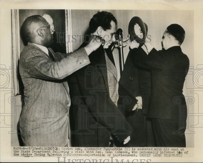 Load image into Gallery viewer, 1950 Press Photo Soviet Amb. Alexander Panyushkin Assisted With His Coat
