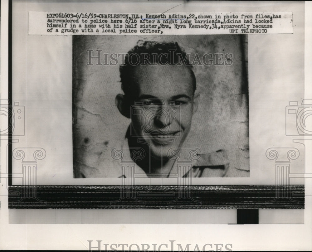 1959 Press Photo Charleston Illinois, Kenneth Adkins Held Nyra Kennedy Hostage.