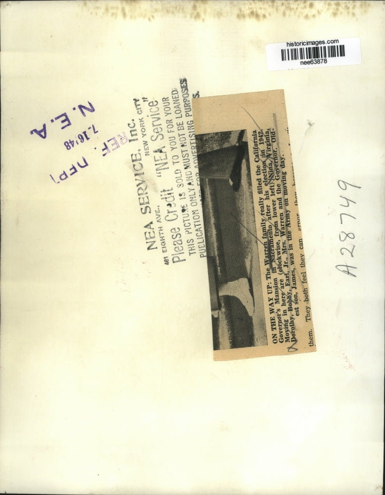 1948 Press Photo Governor of California Earl Warren & Family Moving in Mansion