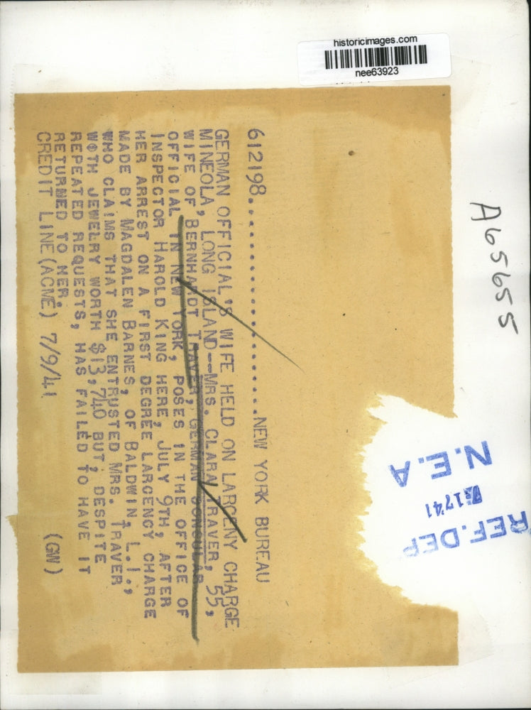 1941 Press Photo Mrs.Traver wife of German Official arrested on larceny charge