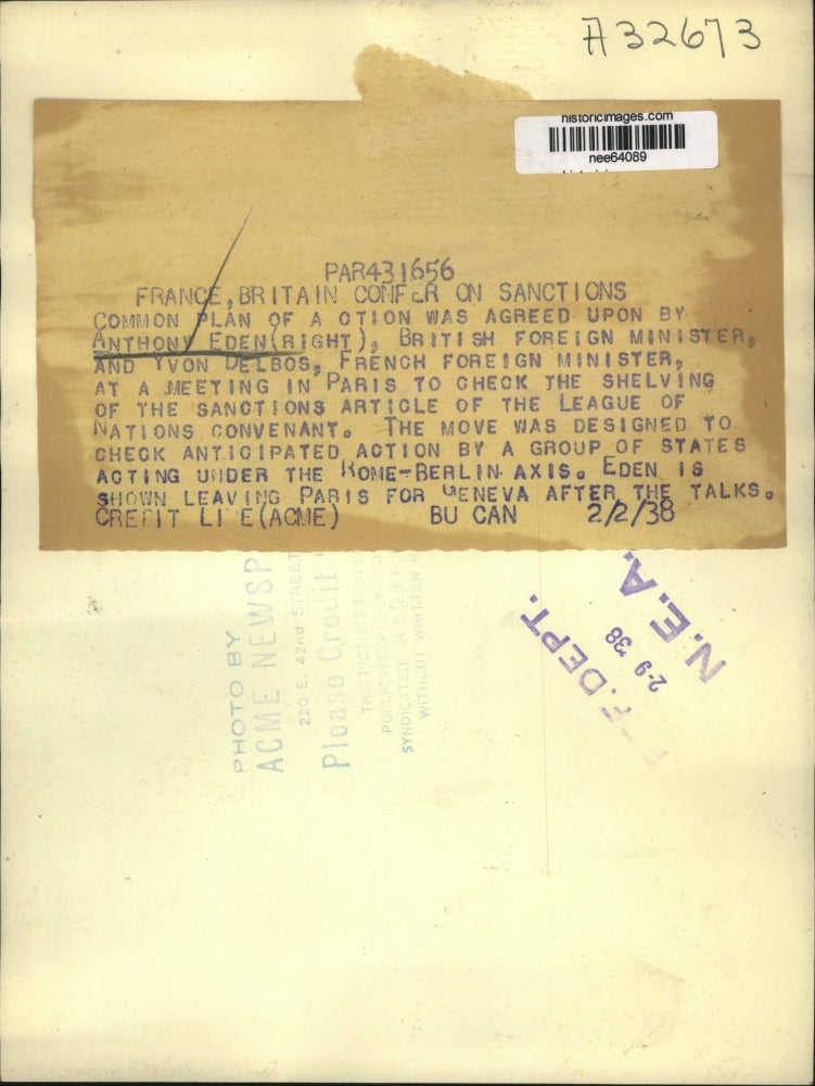 1938 Press Photo British Foreign Minister Anthony Eden Confer With France