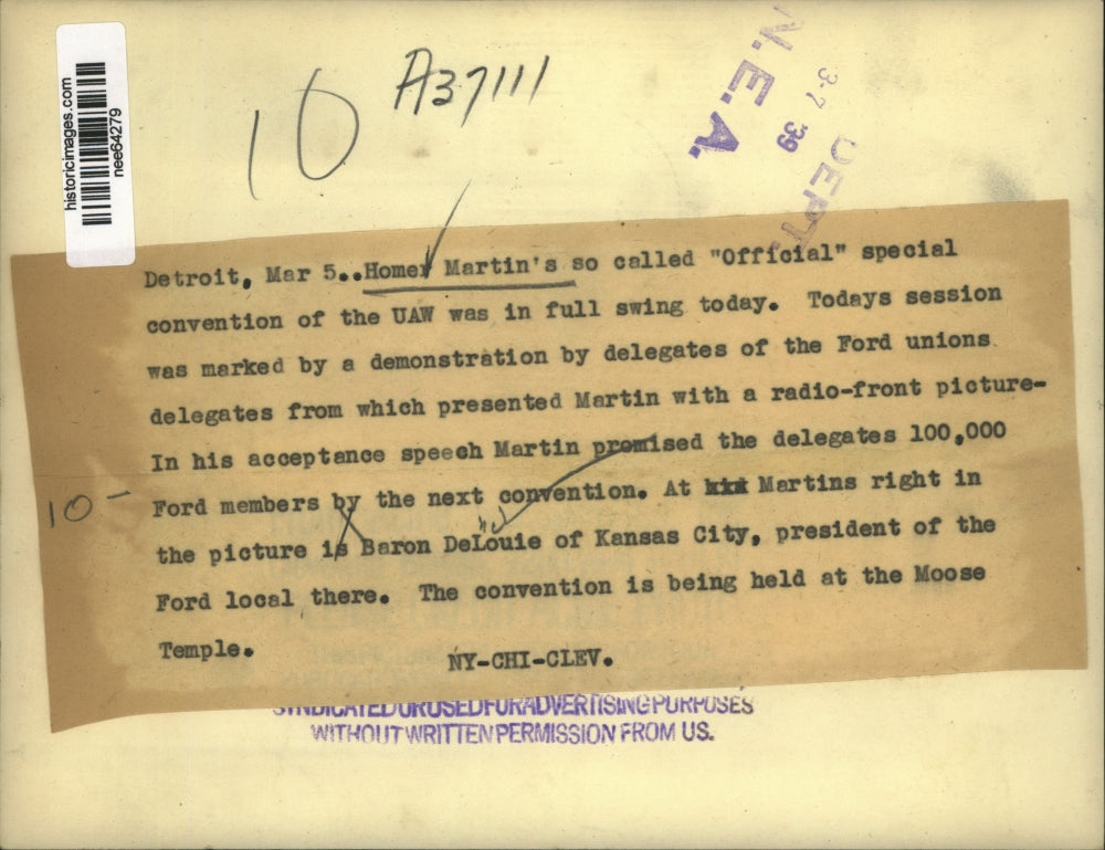 1939 Press Photo Homer Martin, Beron DeLouie of Kansas City UAW Convention