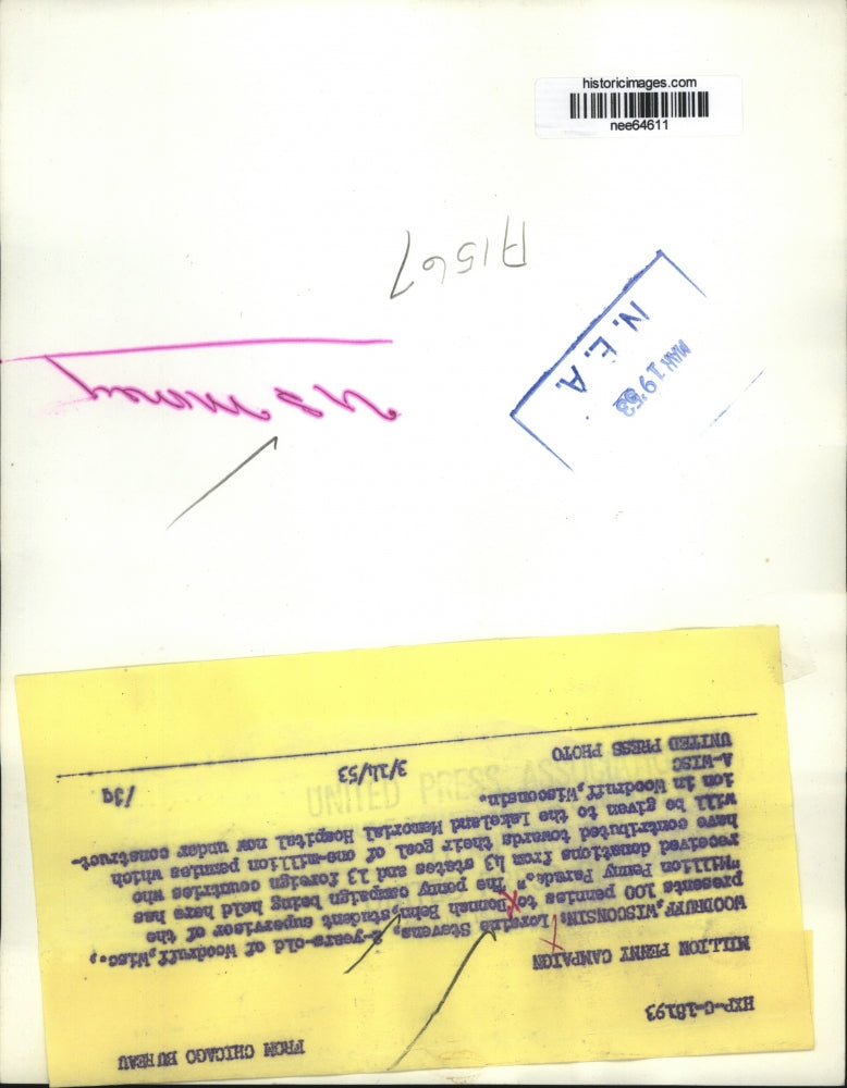 1953 Press Photo Loraine Stevens, Presents Pennies Donnah Behn million penny