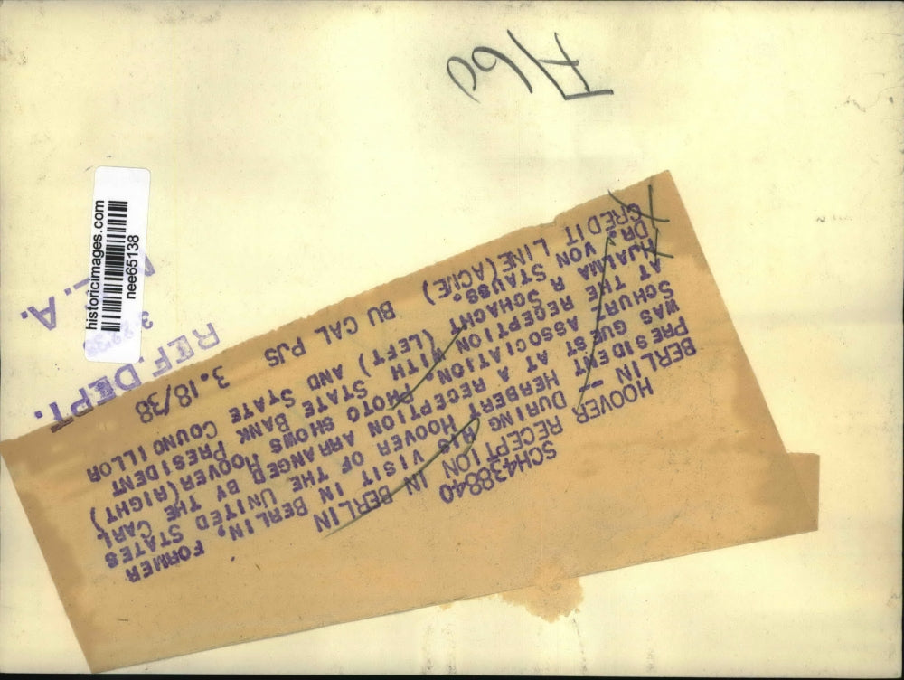 1938 Press Photo Hoover reception in Berlin, Hjalma Schaght, Dr Von Stauss