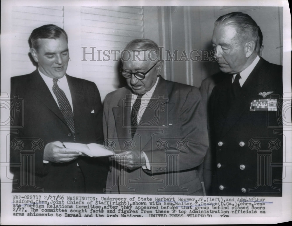 1956 Press Photo Herbert Hoover Jr., Arthur Radford, Walter F George, Washington
