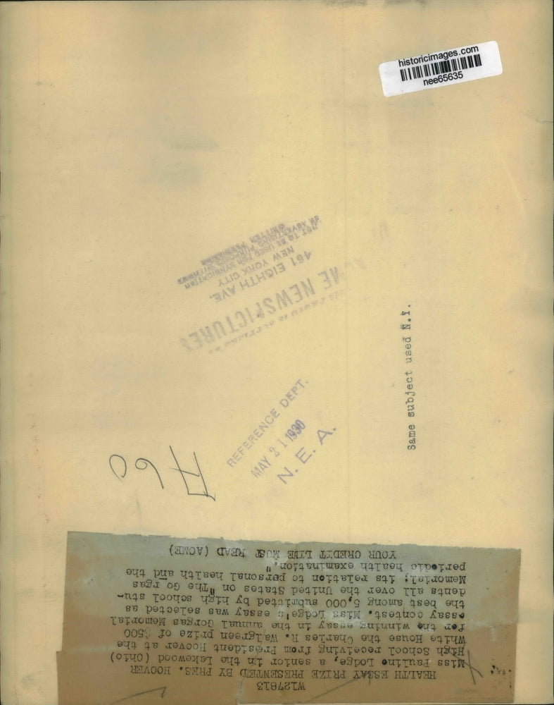 1930 Press Photo President Herbert Hoover Presents Pauline Lodge Essay Prize