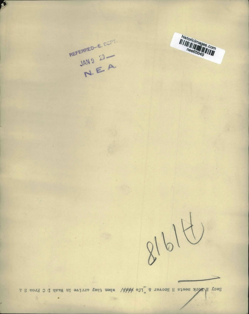 1929 Press Photo Sec. H. Work meets Pres. Herbert Hoover and Wife in Washington.