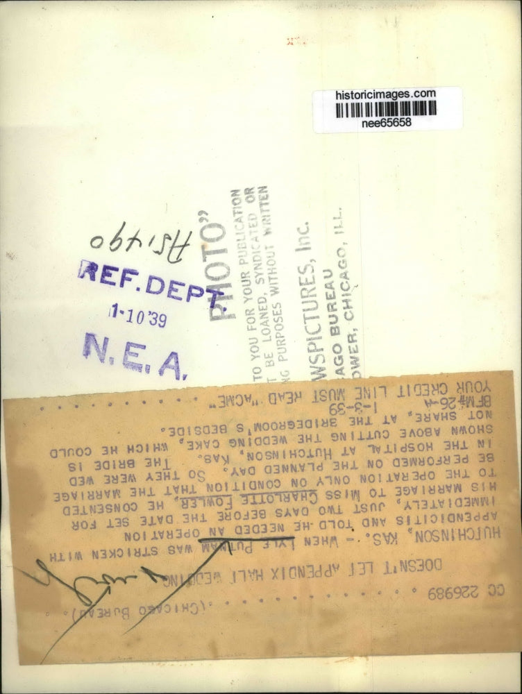 1939 Press Photo Miss Charlotte Fowler & Lyle Putnam Get Married In Hospital