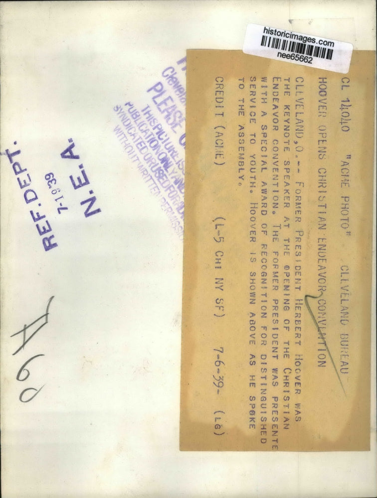 1939 Press Photo Former Pres Herbert Hoover Opens Christian Endeavor Convention