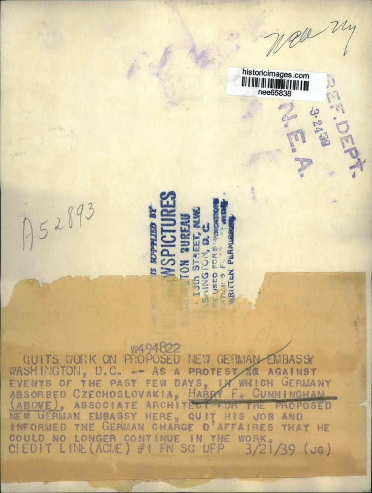 1939 Press Photo Harry F. Cunningham, Associate Architect of German Embassy.