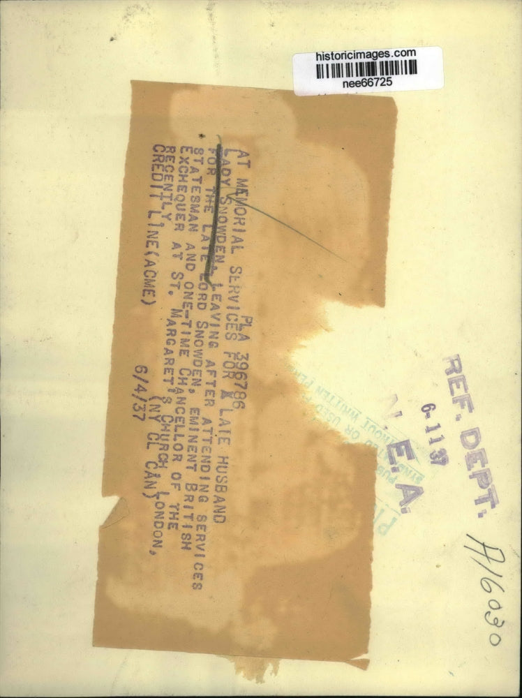 1937 Press Photo Lady Snowden Attending Service for Late Lord Snowden