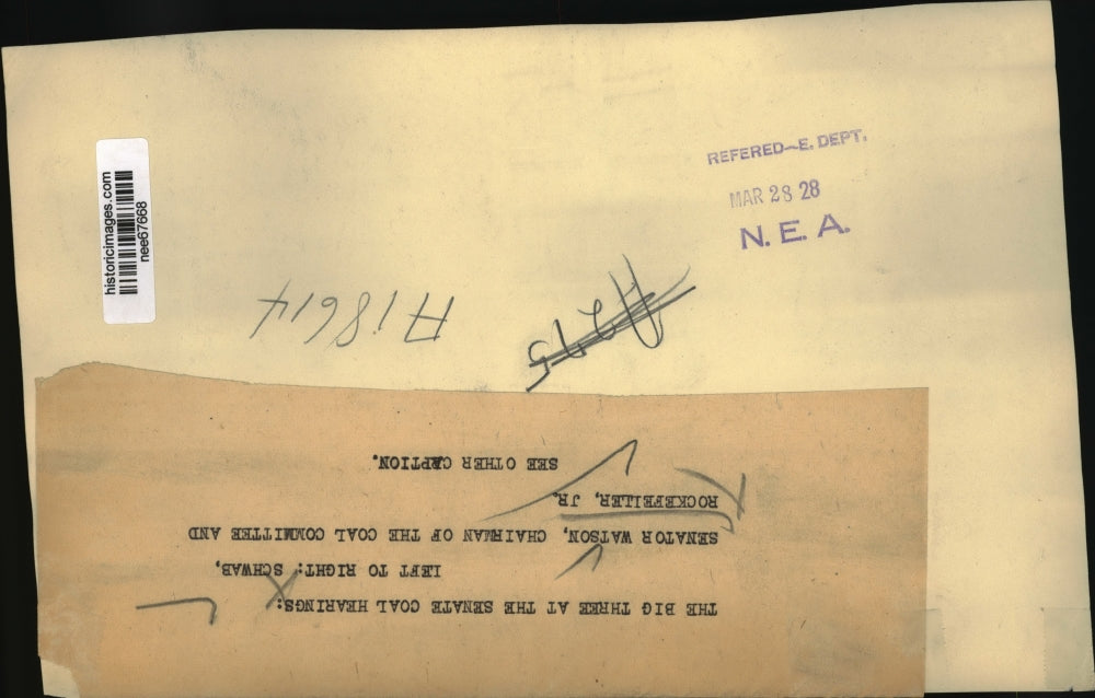 1928 Press Photo Senator Watson, Chairman Coal Committee Rockefeller, JR