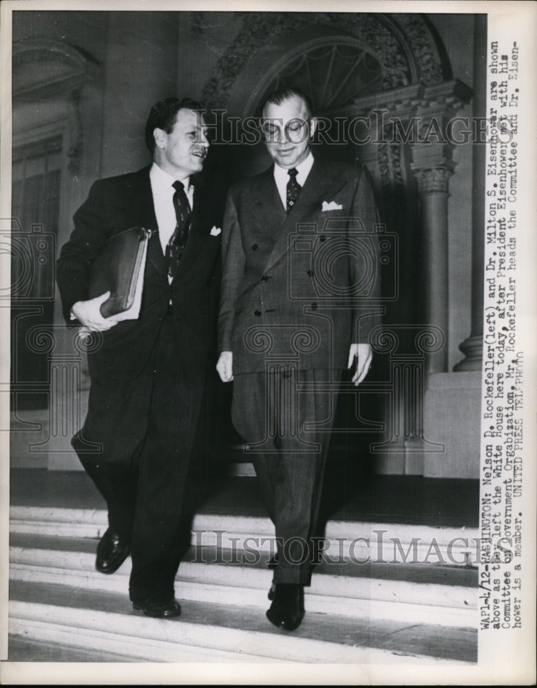 Load image into Gallery viewer, 1953 Press Photo Nelson D. Rockefeller, Dr. Milton S. Eisenhower at White House
