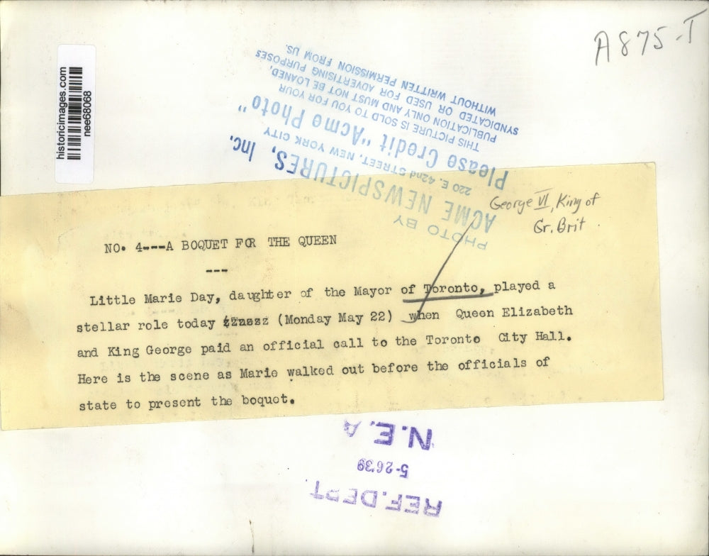 1939 Press Photo Marie May daughter MayorToronto, King George/Queen Elizabeth