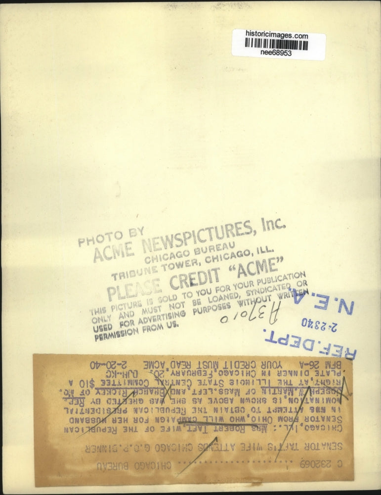 1940 Press Photo Chicago Illinois Senator Robert Taft's Wife, Republican Dinner