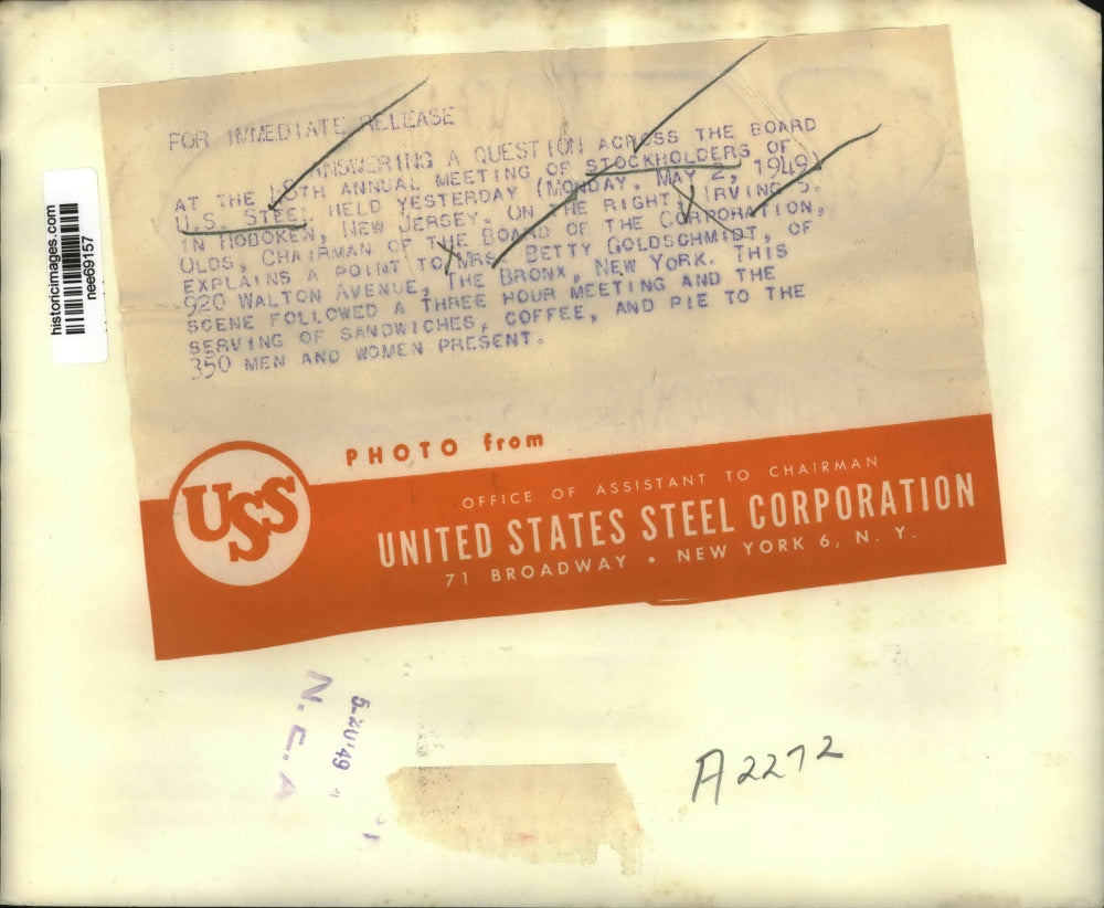 1949 Press Photo Irving S Olds, Betty Goldschmidt, US Steel Stockholders Meeting