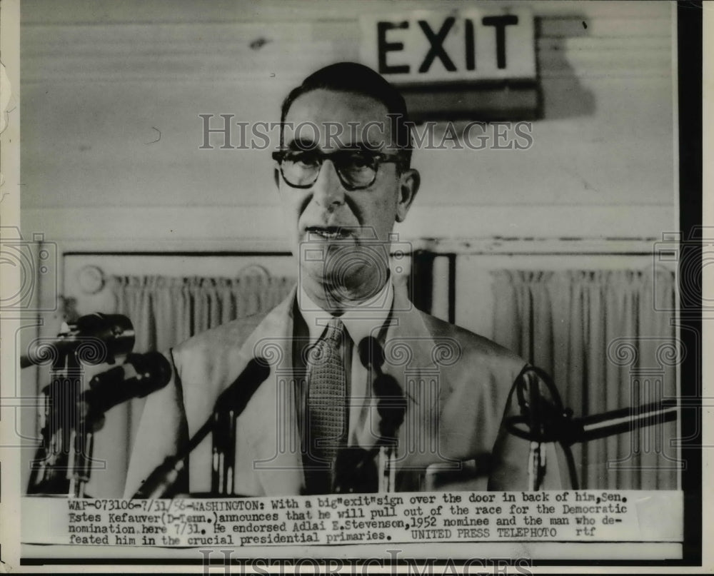1956 Press Photo Washington: Estes Kefauver announcing withdraw from democratic